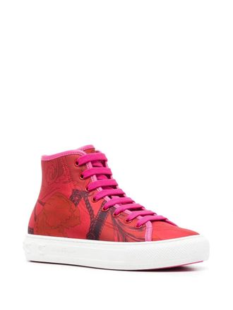 Ferragamo Scarf-Print Canvas High-Top Sneaker - Red