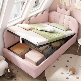 Matteo Crown-Shaped Velvet Daybed - Hydraulic Storage Sofa Bed - Pink | Size: Single