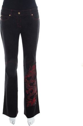 Escada Black Stretch Denim Dragon Embroidered Flared Jeans