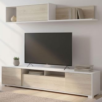 Dmora Dmora - Mueble Alto Dfalcon, Conjunto De Sal&oacute;n Con Soporte Tv, Mueble De Sal&oacute;n Polivalente, 200x41h180 Cm, Roble Y Blanco