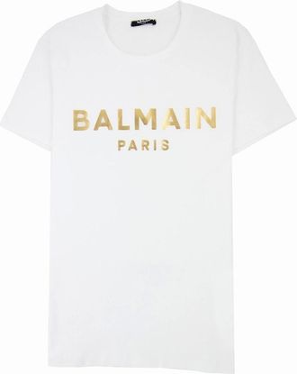 Balmain Mens Balmain Metallic Logo Tshirt White Gad - Size: 38
