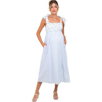 Pinkblush Floral Contrast Stripe Shoulder Tie Midi Dress in Light Blue at Nordstrom, Size Medium
