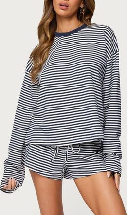 Edikted Jainee Stripe Long Sleeve Stretch Cotton T-Shirt in Navy at Nordstrom, Size X-Small