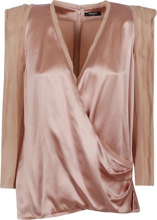 Balmain Zijden Cr&ecirc;pe Gedrapeerde Top - Dames - Blouses - Beige - XS - Overhemden