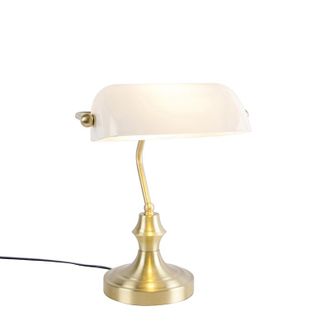 QAZQA Cl&aacute;sico/antiguo L&aacute;mpara De Notario Cl&aacute;sica Dorada Con Cristal Opalino - Banker Vidrio /acero Alargada Adecuado Para Led Max. 1 X 60 Watt - Qazqa