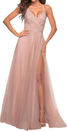 La Femme Faux Wrap Top Prom Dress In Mauve