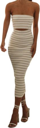 Generic Women Summer Strapless Knitted Long Dress Off Shoulder Solid/Striped Cutout Midi Dress Bodycon Backless Beach Sun Dresses Ladies Sexy Co Ord Set Crop/