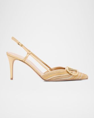 Valentino Garavani 80mm VLogo Signature Metallic Slingback Pumps with Cornely Embroidery