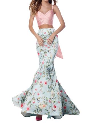 Sherri Hill Satin Two-Piece Cross Bodice Casual Dress In Blush/aqua Prin