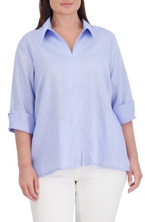 Foxcroft Agnes Three-Quarter Sleeve Linen Blend Top in Powder Blu at Nordstrom, Size 1X