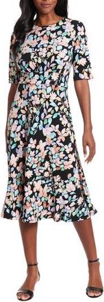 London Times Floral Inset Waist Fit & Flare Midi Dress in Black/Lilac at Nordstrom Rack, Size 10
