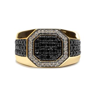 House of Brilliance Mens 10K Yellow Gold 1 1/4 Cttw White and Treated Black Diamond Octagonal Halo Band Ring