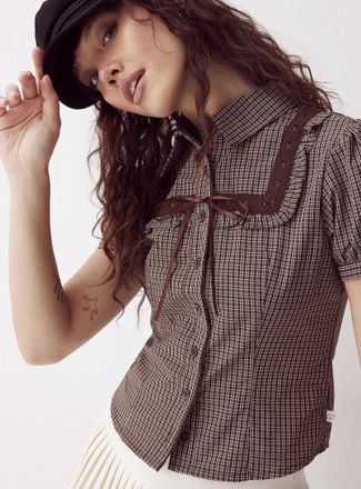 Daisy Street Womens Maple checkered puff-sleeve blouse