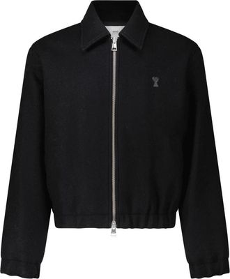 Ami Wollen Jack met Logo Patch - Heren - Zomerjassen - Zwart - M - Wol - Jassen