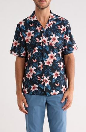 Original Penguin Hibiscus Print Seersucker Camp Shirt in True Black at Nordstrom Rack, Size Xx-Large