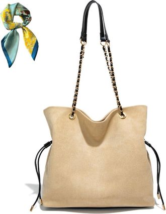 Generic Women Faux Suede Slouchy Tote with Chain Strap,Retro Large Brown Shoulder Bags,Drawstring Fall Purse Crossbody Bag (Beige)