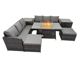 Fimous Garden Rattan 3 Seater Sofa with 2 Big Stools 2 Side Tables in Dark Grey