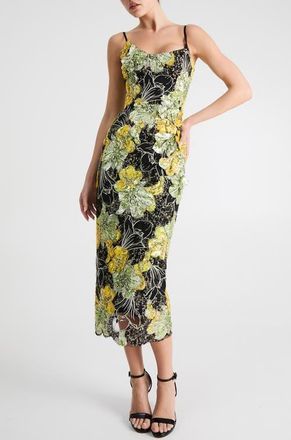 Helsi Emilia Sequin Sleeveless Midi Dress in Black/chartreuse at Nordstrom, Size Xx-Small