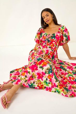 DUSK Floral Pleated Puff Dress