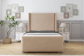 Sloomy Devonshire Plush Bed Frame With 50 Upholstered Wingback Headboard in Stone | Size: Super King