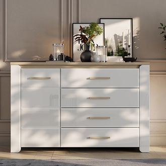 Dmora Aparador Bicheno, Alacena 2 Estantes, 4 Cajones, 1 Puerta, 135x40x88h Cm Blanco Mate