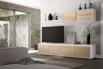 Dmora Dmora - Pared Equipada Dmatej, Mueble De Tv Para Sal&oacute;n, Composici&oacute;n Del Juego De Sala, Juego De Sal&oacute;n Con Mueble Alto, 200x41h43 Cm, Blanco Y Roble