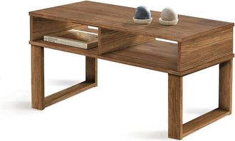 HOGAR 24 Mesa De Centro Dise&ntilde;o Vintage Madera Maciza Natural Con Dos Compartimentos Pata Cuadrada Color Encerado Y Negro Fabricaci&oacute;n Artesanal