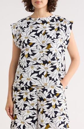 Adrianna Papell Floral Cap Sleeve Crinkled Top in Navy/Ivory Lily at Nordstrom Rack, Size X-Small
