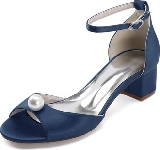 Generic Womens Block Heel Sandals Bridal Wedding Dress Shoes Low Heel Peep Toe Prom Party Dress High Heels Sandals 4.5Cm,Dark Blue,10 UK