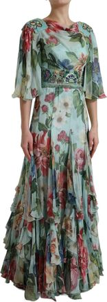 Dolce & Gabbana Womens Blue Floral Print Tiered Long Maxi Dress Silk