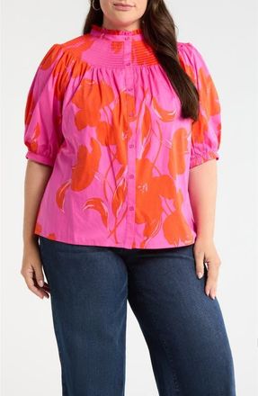 Sugarlips Aurea Floral Blossom Smocked Button-Up Top in Pink Red Multi at Nordstrom, Size 1 X