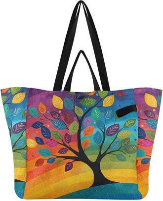 Generic Leaves Colorful Tree print Reusable Canvas Tote Bag, Heavy Duty Grocery Shopping Bag with Large Capacity Double Handles Hard Bottom Work Groceries Tra