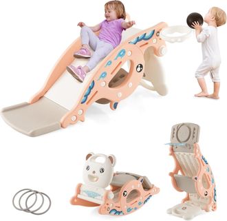 Costway Costway - Tobog&aacute;n Infantil Plegable 4 En 1, Tobog&aacute;n Para Ni&ntilde;os Con Canasta De Baloncesto Y Escalera, Tobog&aacute;n Multifuncional Para Ni&ntilde;os Con Anillos, Ca