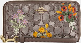 Coach Womens Long Zip Around Wallet In Signature Jacquard With Floral Embroidery - Brown - One Size