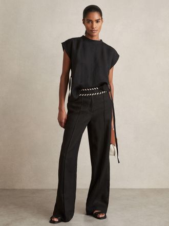 Reiss Black Linen Wide-leg Whipstitch Trousers, 14R