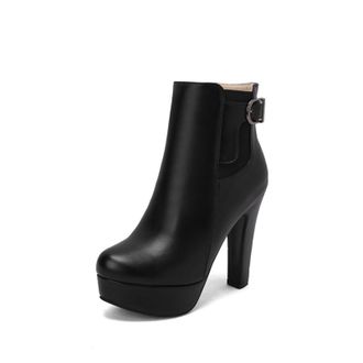 Generic Womens Ankle Boots Metal Buckle Strap Platform Sole Stiletto Heel Side Zip Round Toe Smooth PU Upper Color Block Detail Stylish Durable Design,Black,7