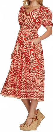 She + Sky Short Sleeve Border Printed Woven Midi Dress In Red