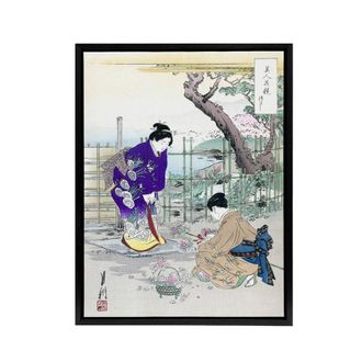 Artery8 Flower Arranging In The Garden Framed Canvas Wall Art Print Ogata Gekko in Purple | Size: W24 x H32