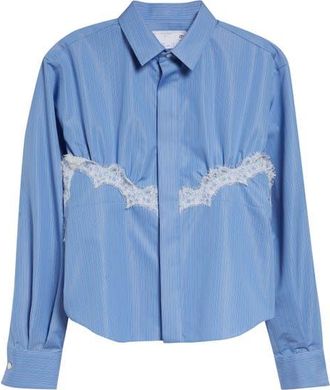 sacai Stripe Lace Trim Poplin Button-Up Shirt in Blue Stripe at Nordstrom, Size 1