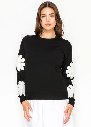 YAL New York Black Sweater with White Daisy Sleeve Detail