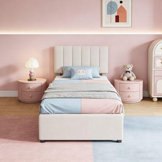 OEM Cama Infantil 90x200cm - Cama Con Arc&oacute;n Y Cabecera - Cama Individual De Lino Suave - Cama 90x200 Con Somier - Beige