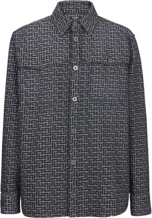 Balmain Jacquard Monogram Denim Shirt - Heren - Casual Overhemden - Zwart - 2XL - Denim - Overhemden