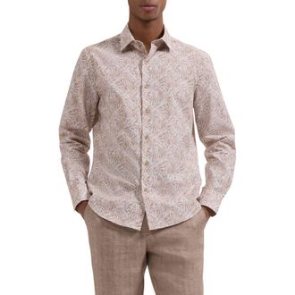 Bugatchi Julian Shaped Fit Abstract Leaf Print Cotton Button-Up Shirt in Taupe at Nordstrom, Size Xxx-Large