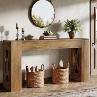 Tribesigns Tribesigns Rustic Brown Console Table With 2 Drawers, 2-Tier Narrow Console Table 160cm for Living Room, Hallway, Entrance