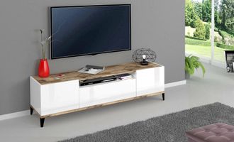 Dmora Mueble De Televisi&oacute;n Dfigol, Aparador Bajo Para Sal&oacute;n Con 2 Puertas, Base Soporte Tv, 100% Made In Italy, Cm 160x40h47, Blanco Brillo Y Arce - Dmora