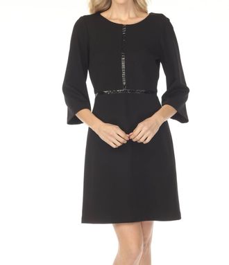 Joseph Ribkoff Faux Leather Trim Three Quarter Sleeve Mini Dress In Black