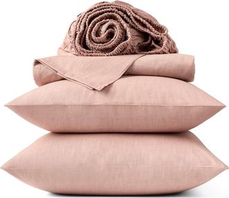 Coyuchi Crinkled Organic Cotton Percale Sheet Set in Praline Chambray at Nordstrom, Size California King