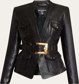 Balmain Belted Leather Fitted Jacket