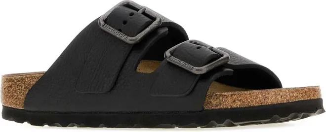Unisex Black Leather Arizona Slippers Wb Vintage Wood Flat Shoes