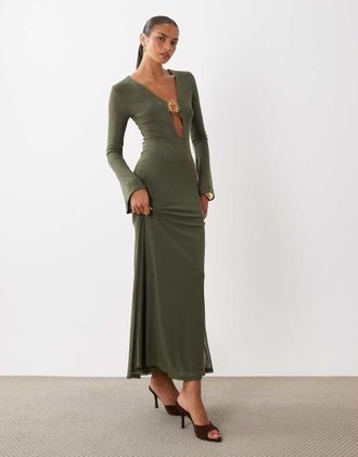 Asos vestito maxi in rete con maniche a campana, scollo profondo e dettagli con profilo dorato, color kaki-Verde